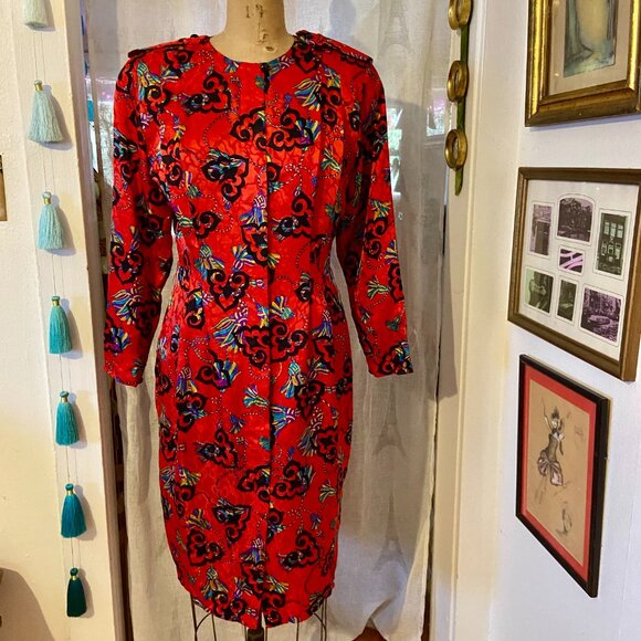vtg 80s ADRIANNA PAPELL Red Tassel Print Silk Cocktail Dress Mod Wife Baroque 6 - Picture 2 of 10